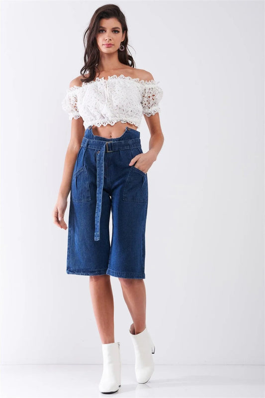 Dark Blue Denim Front Cut-Out High-Waist Buckle Self-Tie Belt Detail Midi Flare Jean Pants /1-1-2-2-1-1 - Tasha Apparel Wholesale