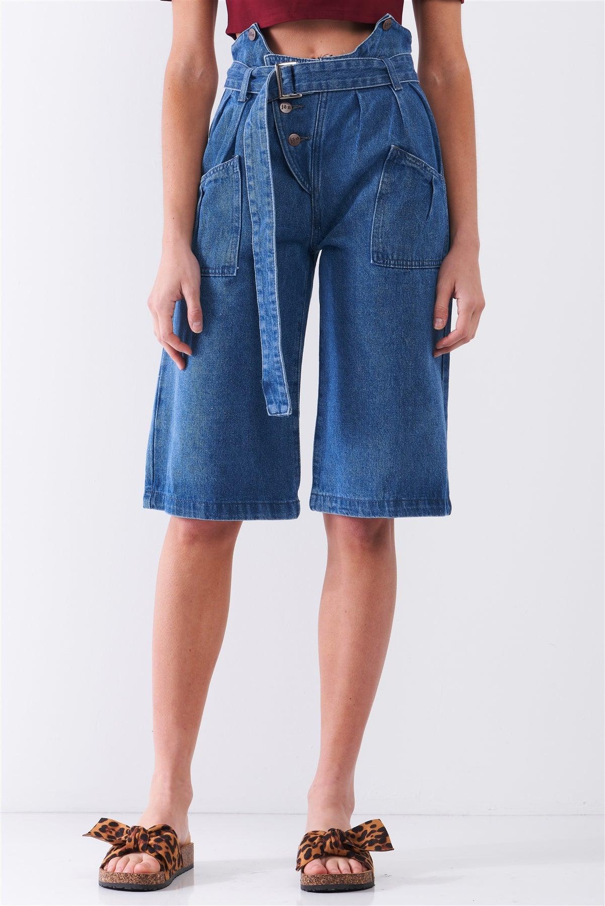 Mid Blue Denim Front Cut-Out High-Waist Buckle Self-Tie Belt Detail Midi Flare Jean Pants