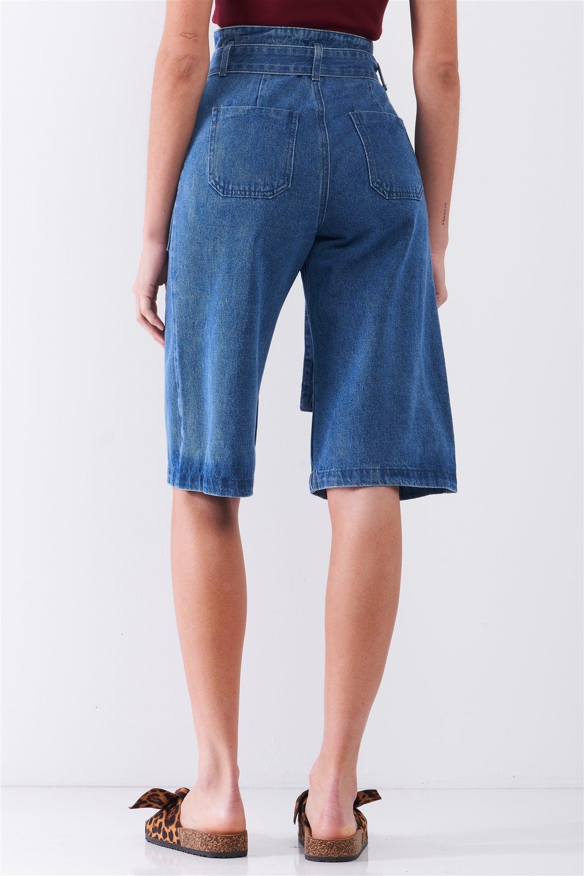 Mid Blue Denim Front Cut-Out High-Waist Buckle Self-Tie Belt Detail Midi Flare Jean Pants