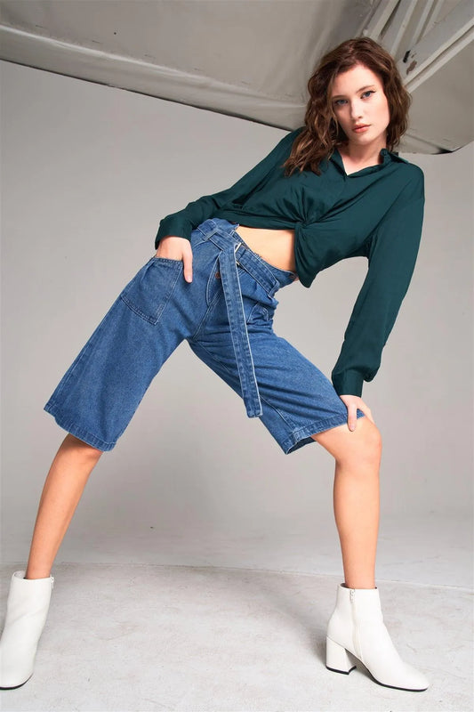 Mid Blue Denim Front Cut-Out High-Waist Buckle Self-Tie Belt Detail Midi Flare Jean Pants /1-1-2-2-1-1 - Tasha Apparel Wholesale
