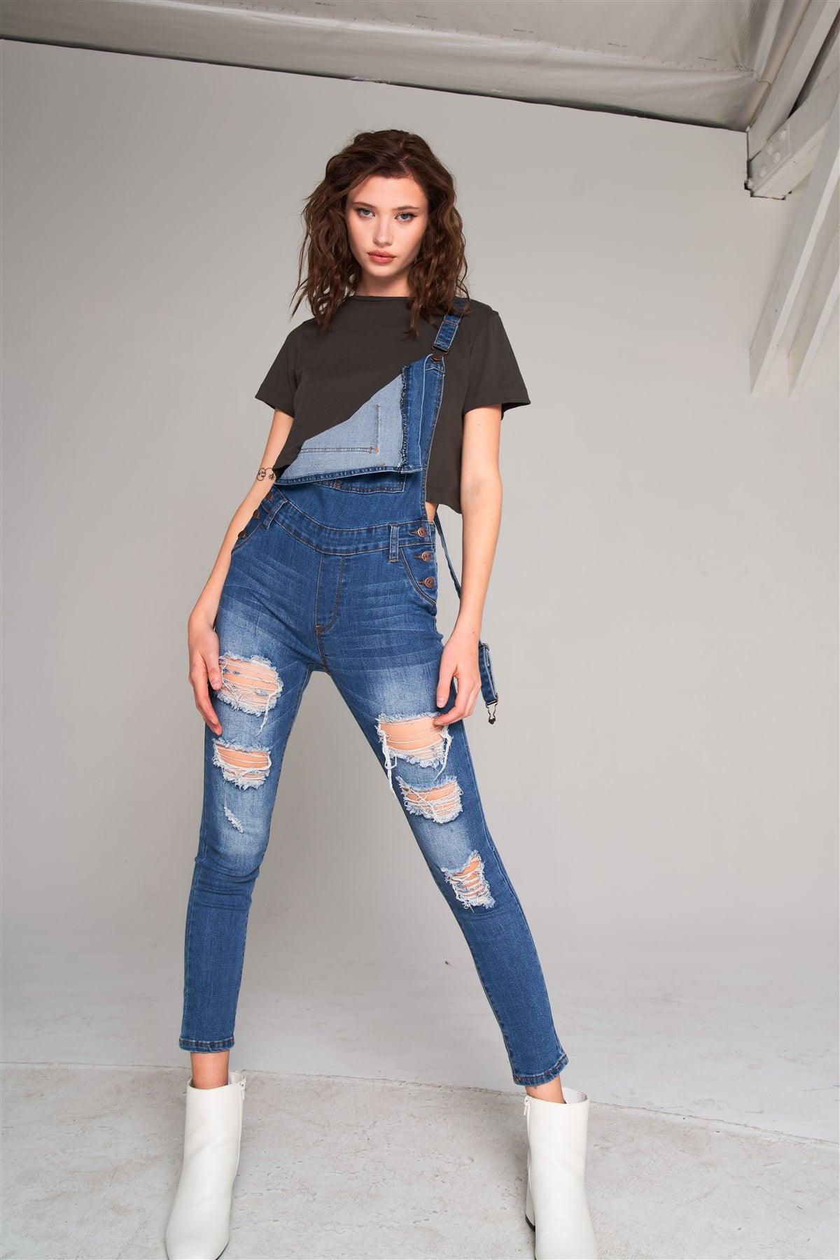 Mid-Blue Wash Ripped Sleeveless Square Neck Front Pocket Skinny Denim Overall /1-1-2-2-1-1