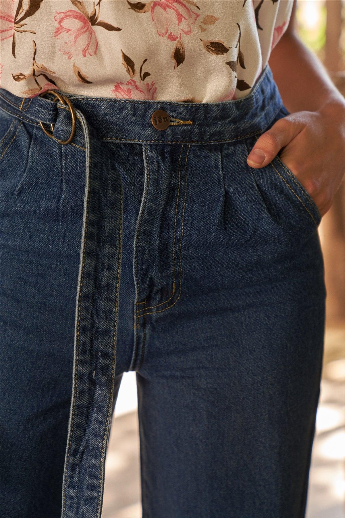 Dark Blue High-Waisted Cropped Wide Leg Self-Tie D-Ring Belt Denim Pants