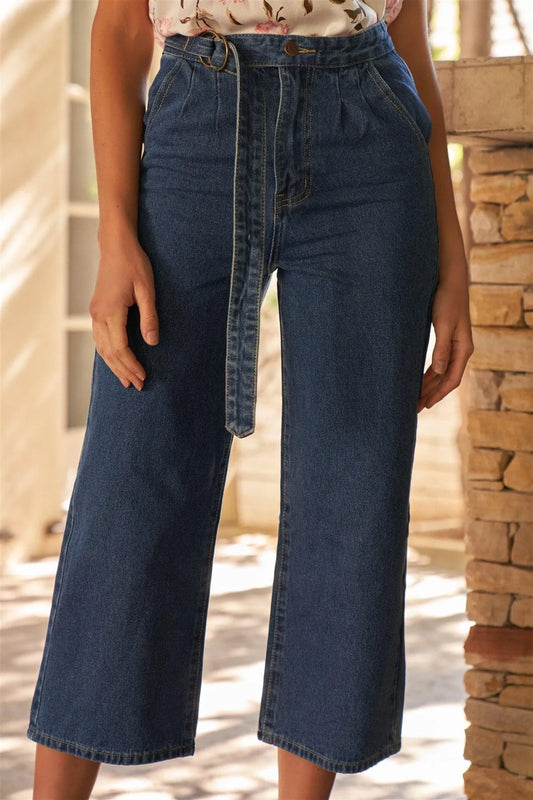 Dark Blue High-Waisted Cropped Wide Leg Self-Tie D-Ring Belt Denim Pants /1-1-2-2-1-1 - Tasha Apparel Wholesale
