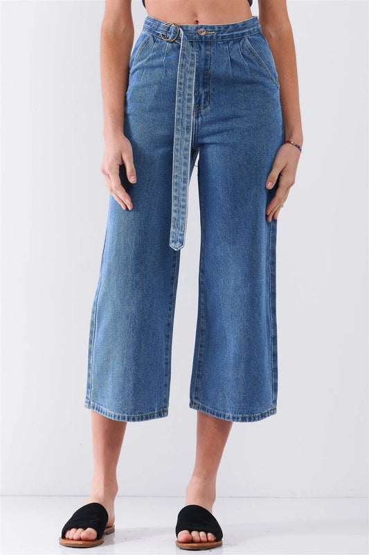 Mid-Blue High-Waisted Cropped Wide Leg Self-Tie D-Ring Belt Denim Pants /1-1-2-2-1-1 - Tasha Apparel Wholesale