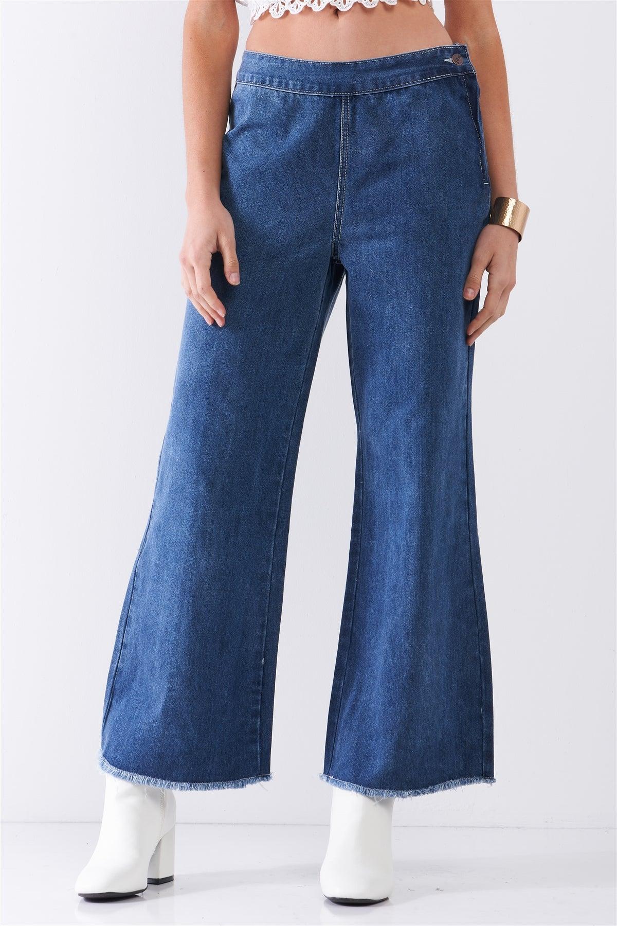 Dark Blue Denim Low-Rise Raw Hem Detail Side Zip-Up Basic Flare Jean Pants /1-1-2-2-1-1