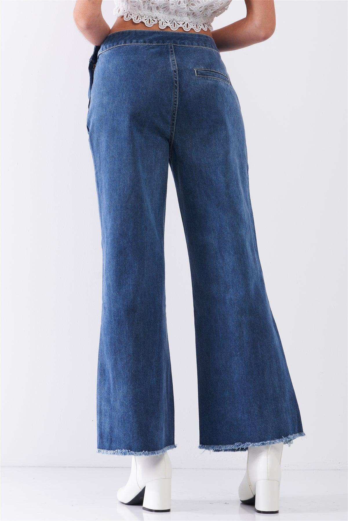Dark Blue Denim Low-Rise Raw Hem Detail Side Zip-Up Basic Flare Jean Pants /1-1-2-2-1-1