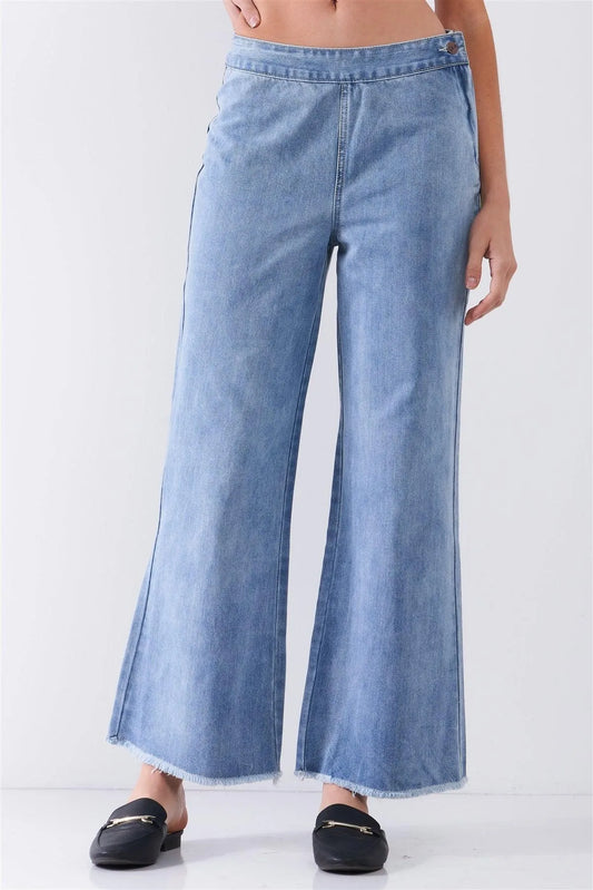 Mid Blue Denim Low-Rise Raw Hem Detail Side Zip-Up Basic Flare Jean Pants - Tasha Apparel Wholesale