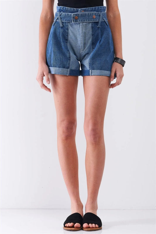 Mid-Blue Two Tone Wash High-Waisted Cuffed Denim Mom Shorts - Tasha Apparel Wholesale