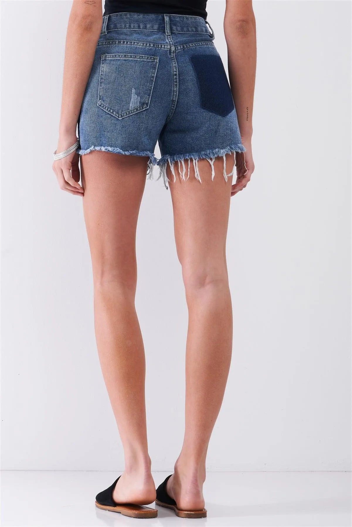 Mid-Blue Wash Destroyed High-Waisted Denim Shorts - Tasha Apparel Wholesale