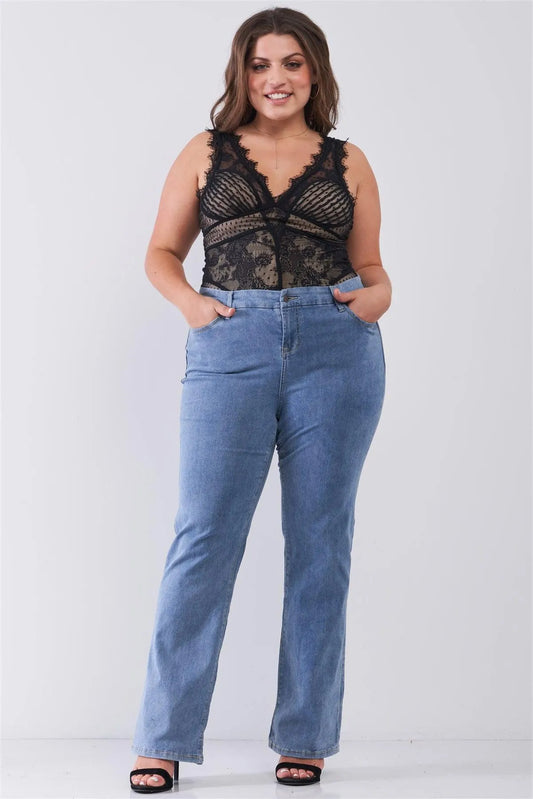 Junior Plus Mid-Wash Blue Denim Low-Rise Wide-Leg Upsized Basic Dad Jeans /1-3-3-2-1 - Tasha Apparel Wholesale