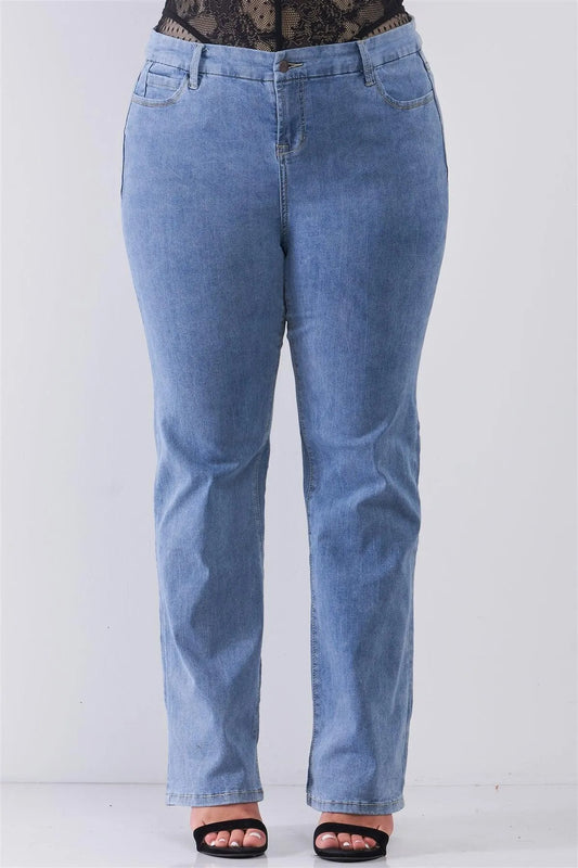Junior Plus Mid-Wash Blue Denim Low-Rise Wide-Leg Upsized Basic Dad Jeans /1-2-3-2-1-1 - Tasha Apparel Wholesale