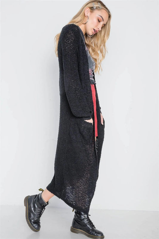 Black Long Sleeve Open Front Knit Cardigan /3-3 - Tasha Apparel Wholesale