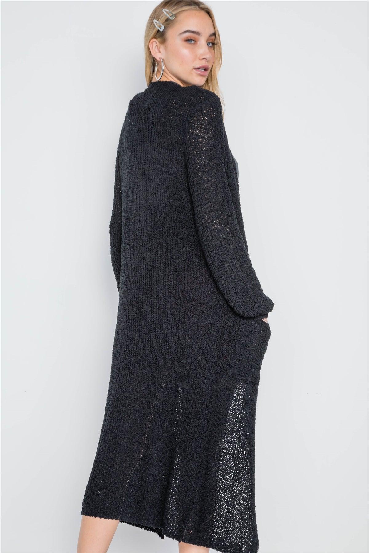 Black Long Sleeve Open Front Knit Cardigan /3-3