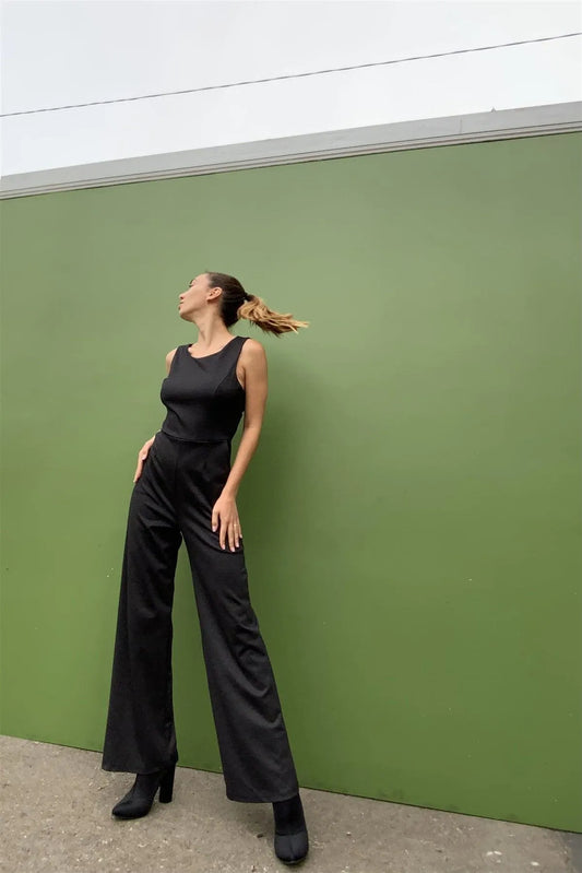 Washed Black Sleeveless Round Neck Criss-Cross Back Detail Wide Leg Jumpsuit /2-2-2 - Tasha Apparel Wholesale