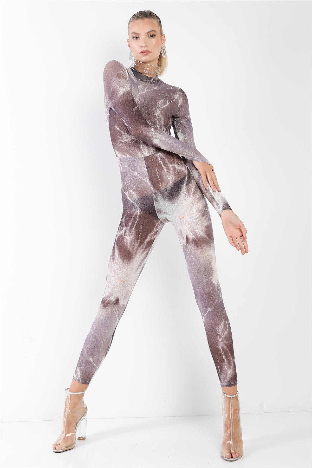 Purple-Grey Lightning Print Mock Neck Long Sleeve With Finger Loop Fitted Catsuit /Jumpsuit /3-2-1