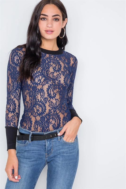 Navy Blue Contrast Cuffs Sheer Lace Bodysuit - Tasha Apparel Wholesale