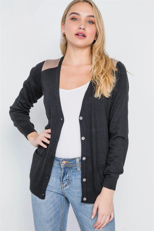 Black Long Sleeve Knit Button Front Cardigan /2-2-2 - Tasha Apparel Wholesale