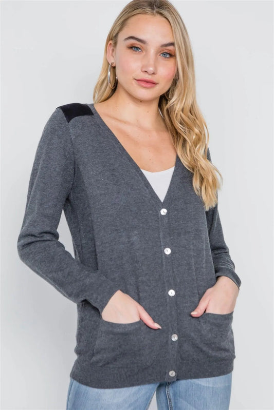 Charcoal Long Sleeve Knit Button Front Cardigan /2-2-2 - Tasha Apparel Wholesale