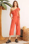 Rust Ruffle One Shoulder Belted Two Pocket Jumpsuit /2-2-2