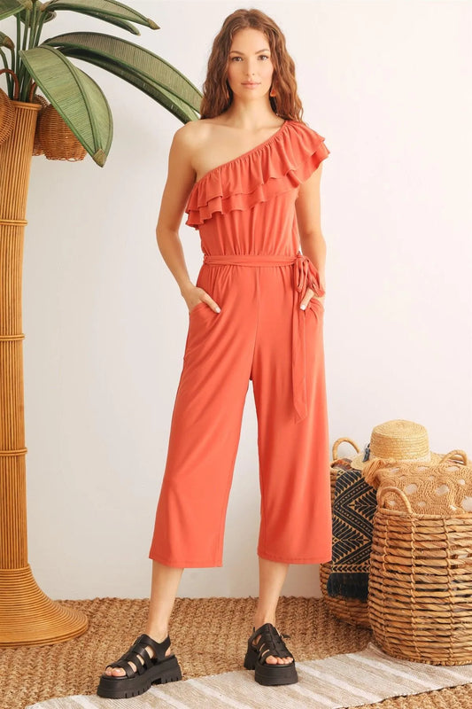 Rust Ruffle One Shoulder Belted Two Pocket Jumpsuit /2-2-2 - Tasha Apparel Wholesale