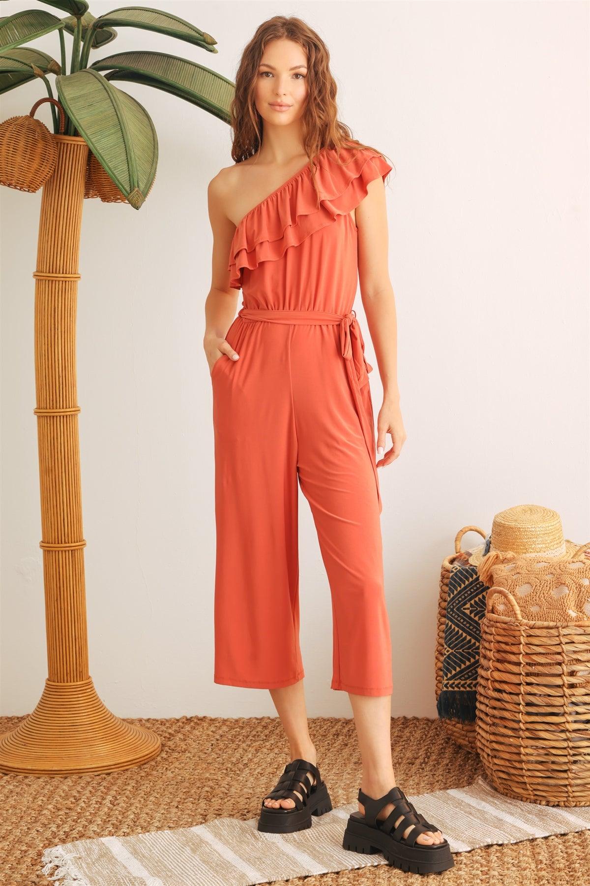 Rust Ruffle One Shoulder Belted Two Pocket Jumpsuit /2-2-2