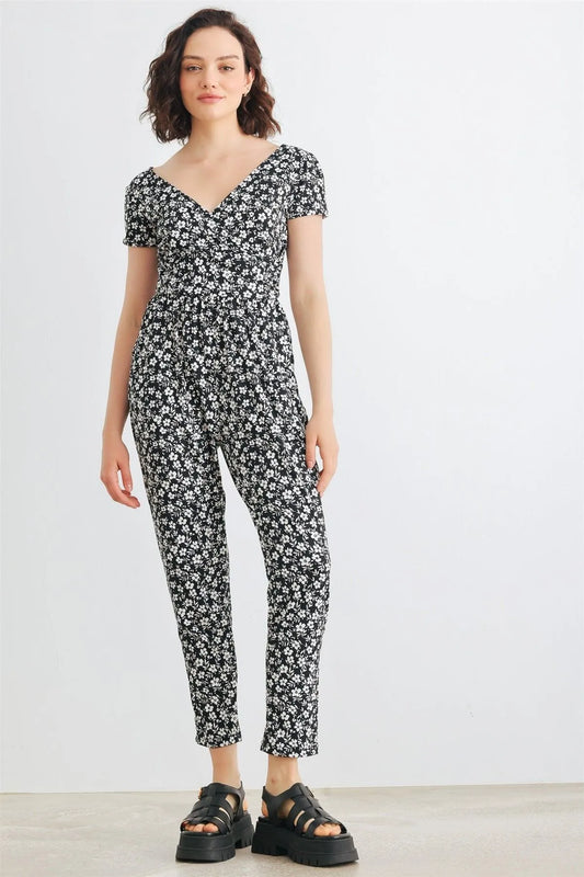 Black & White Floral Wrap Neck & Back Short Sleeve Two Pocket Jumpsuit /2-2-2 - Tasha Apparel Wholesale