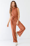 Rust Ribbed Sleeveless Turtle Neck Two Pocket Belted Jumpsuit /2-2-2