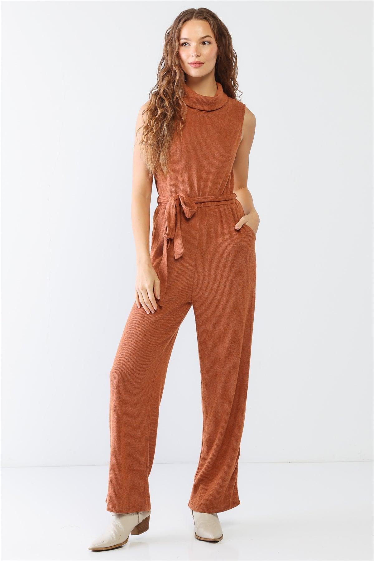 Rust Ribbed Sleeveless Turtle Neck Two Pocket Belted Jumpsuit /2-2-2