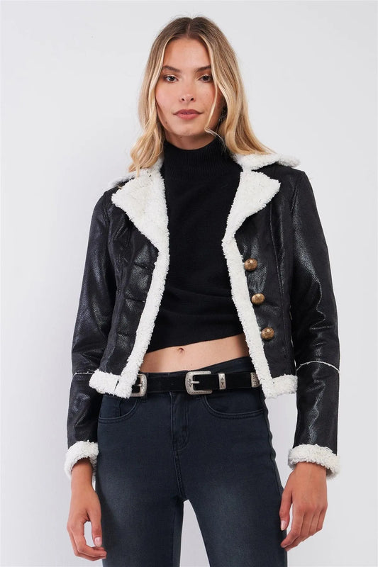 Black Button-Down Vegan Sheepskin Half-Coat Jacket /1-1-1 - Tasha Apparel Wholesale