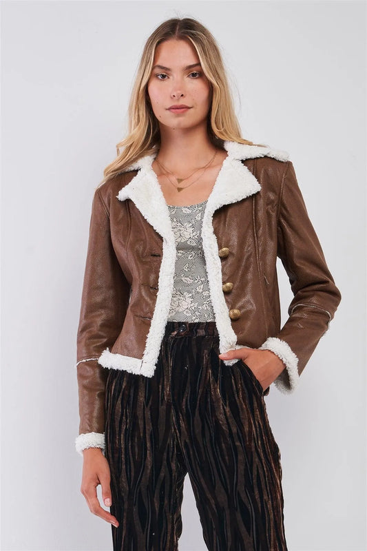 Brown Button-Down Vegan Sheepskin Half-Coat Jacket /1-1-1 - Tasha Apparel Wholesale