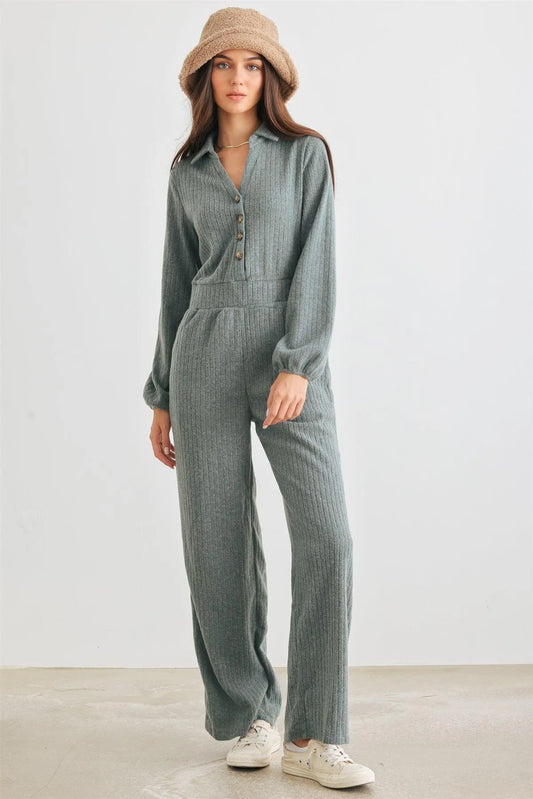 Jade Ribbed Knit Button-Up Collared Neck Two Pocket Jumpsuit /2-2-2 - Tasha Apparel Wholesale