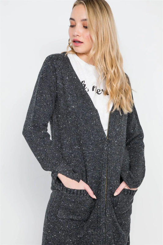 Black Heathered Long Sleeve Zip-Up Cardigan /2-2 - Tasha Apparel Wholesale