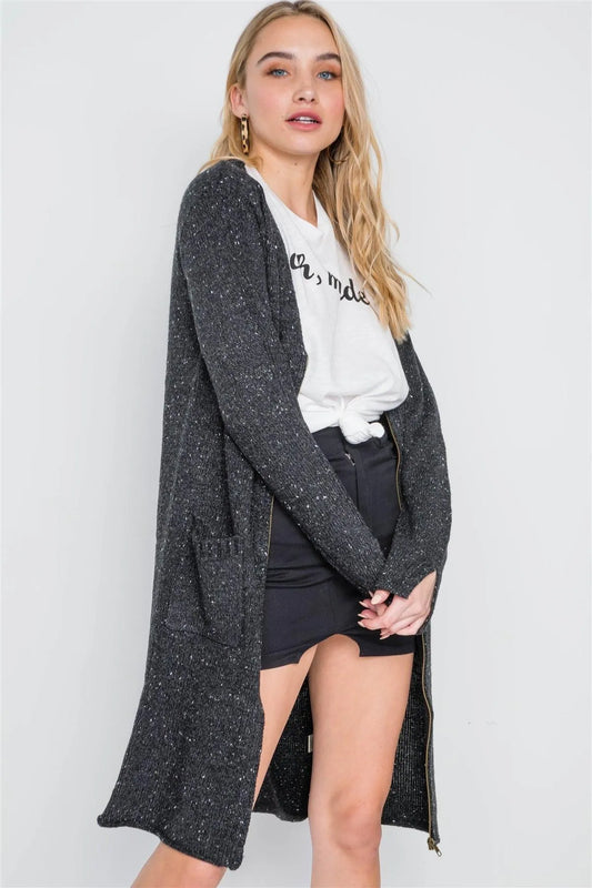 Black Heathered Long Sleeve Zip-Up Cardigan /2-2-2 - Tasha Apparel Wholesale