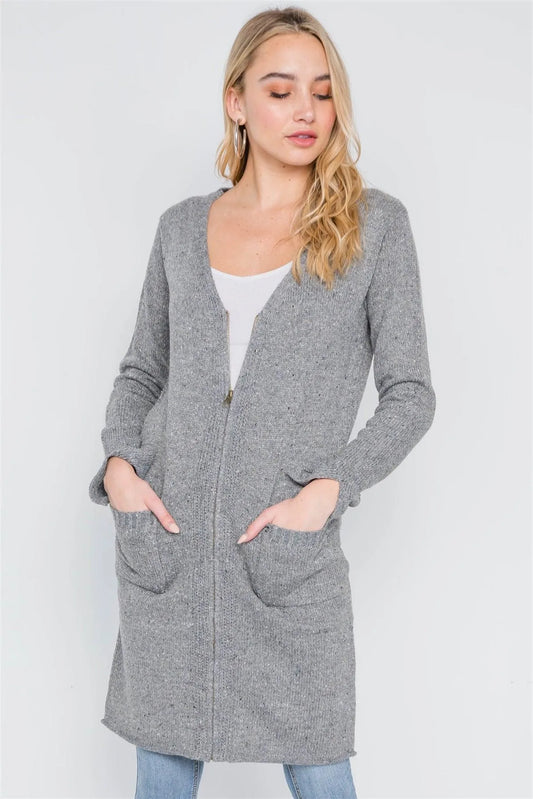 Grey Heathered Long Sleeve Zip-Up Cardigan /2-2-2 - Tasha Apparel Wholesale