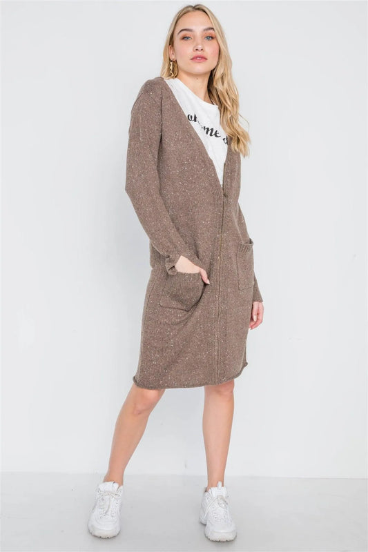 Mocha Heathered Long Sleeve Zip-Up Cardigan /1-2-2 - Tasha Apparel Wholesale