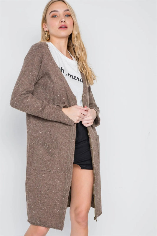 Mocha Heathered Long Sleeve Zip-Up Cardigan /2-2-2 - Tasha Apparel Wholesale