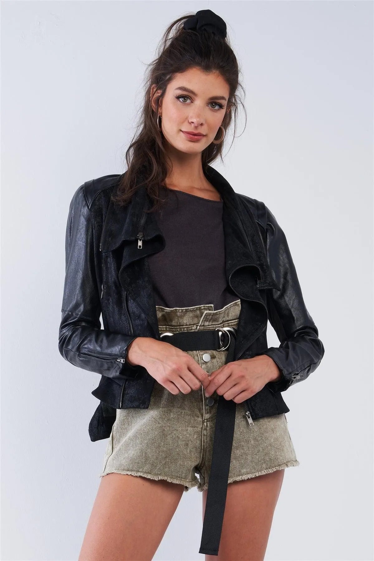 Black Mock Neck Front Zipper Closure Moto Jacket /2-2-2 - Tasha Apparel Wholesale