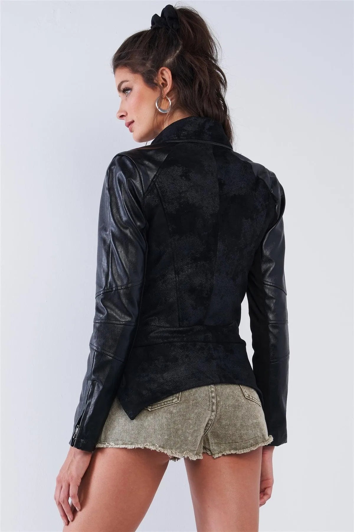 Black Mock Neck Front Zipper Closure Moto Jacket /2-2-2 - Tasha Apparel Wholesale