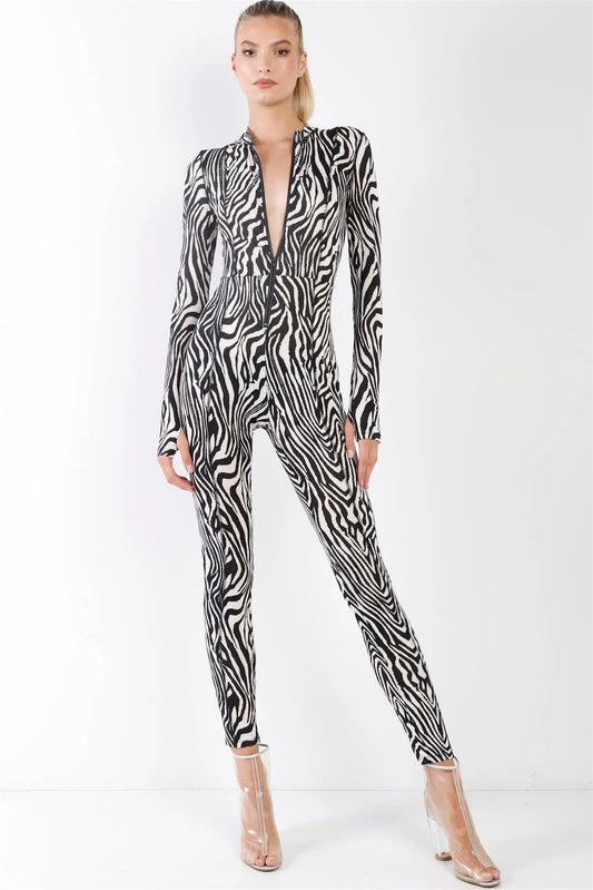 Black & White Zebra Print Long Sleeve High-Neck Front Zip Fitted Catsuit / Jumpsuit /2-2-2 - Tasha Apparel Wholesale