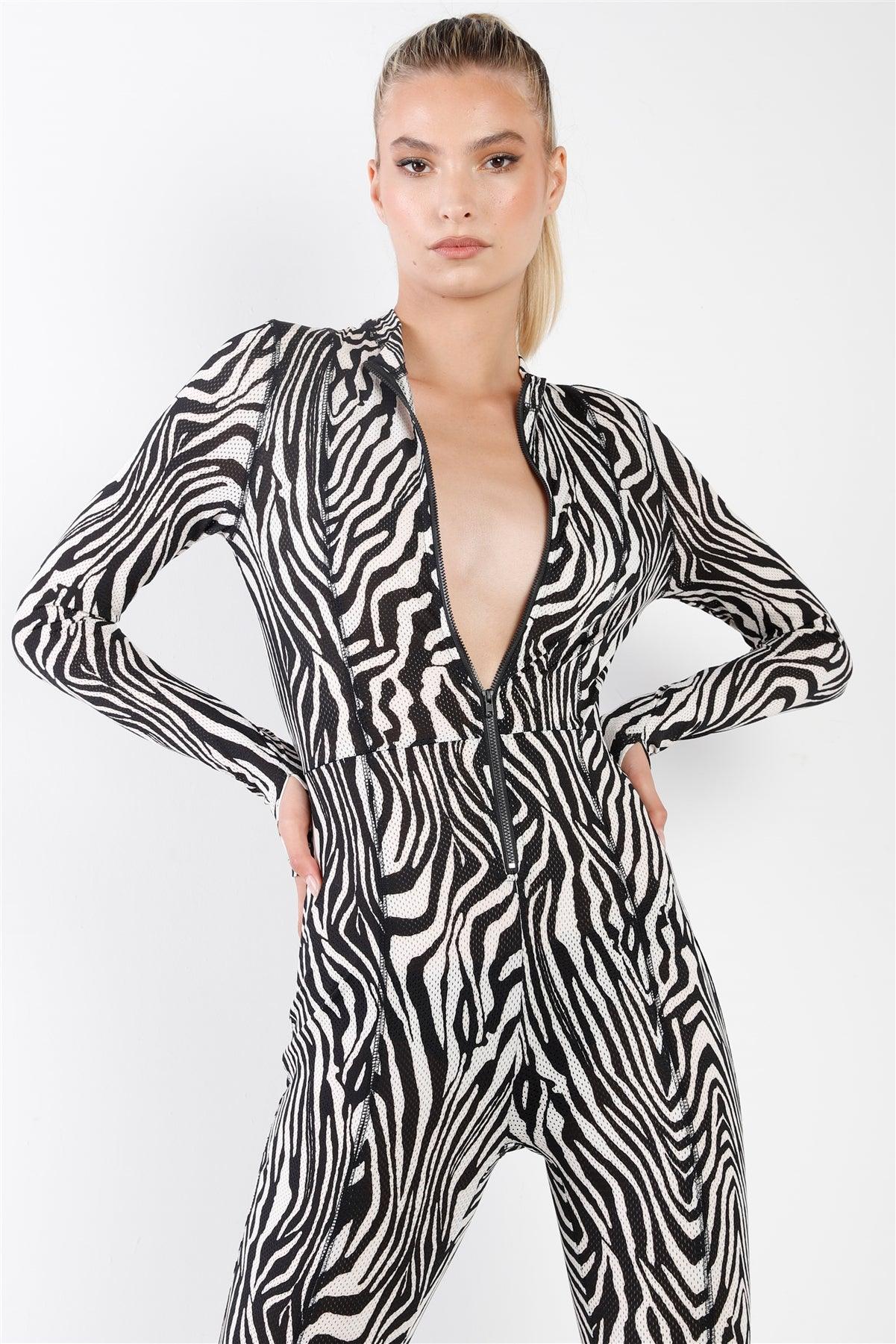 Black & White Zebra Print Long Sleeve High-Neck Front Zip Fitted Catsuit / Jumpsuit /2-2-2
