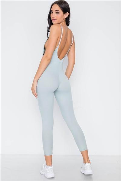 Dusty Blue Stretch-Knit Jumpsuit Featuring a Ruched V-neckline