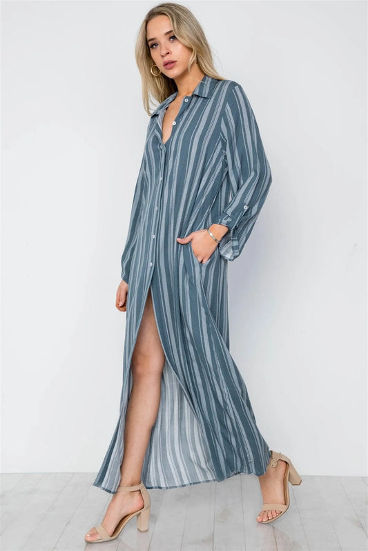Dusty Blue Stripe Long Sleeve Button Down Shirt Dress / 2-2-2 - Tasha Apparel Wholesale