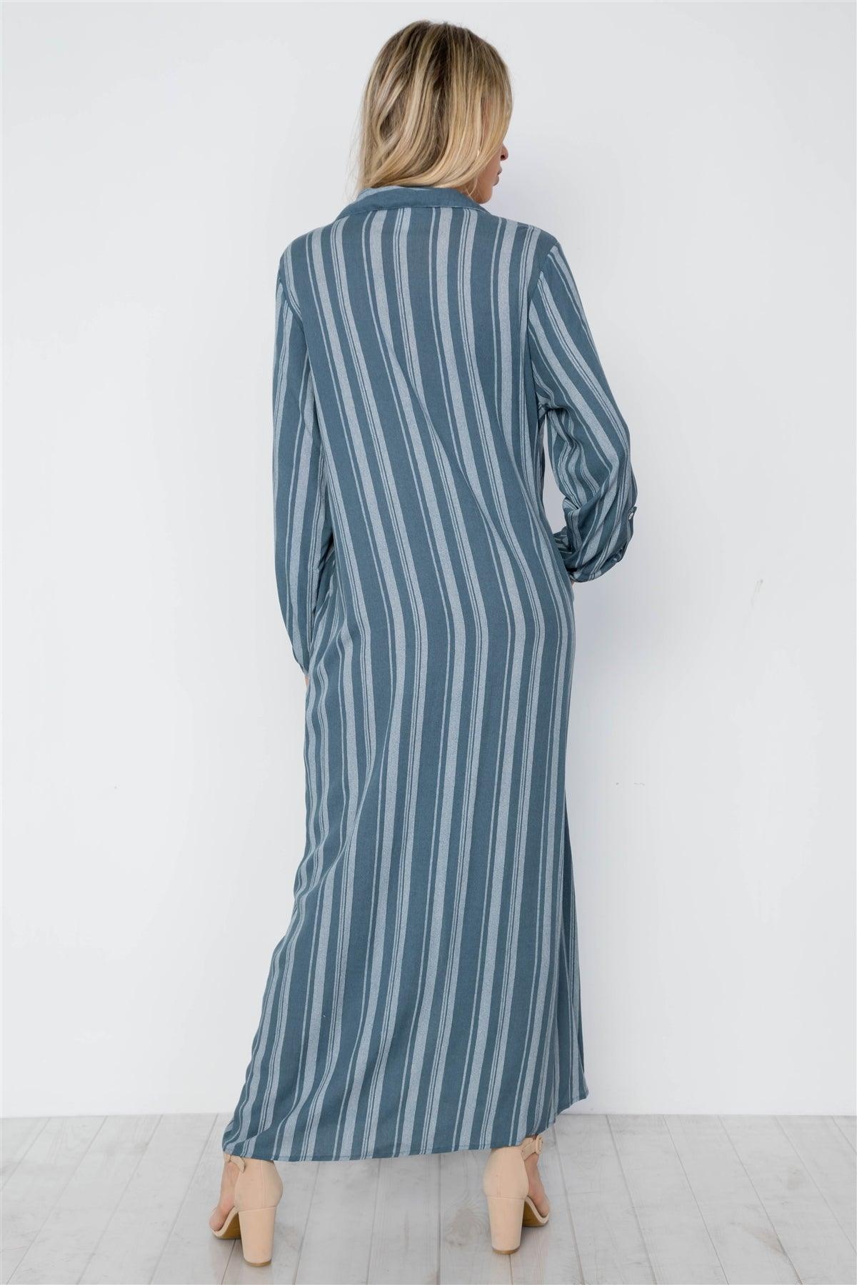 Dusty Blue Stripe Long Sleeve Button Down Shirt Dress / 2-2-2