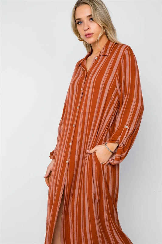 Rust Stripe Long Sleeve Button Down Shirt Dress / 2-2-2 - Tasha Apparel Wholesale