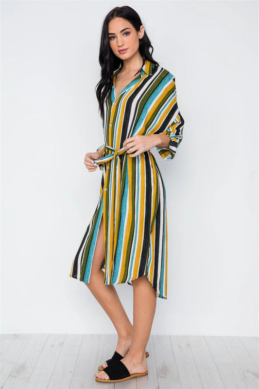 Black Mustard Olive Multi Stripe Button Down Shirt Dress /3-2 - Tasha Apparel Wholesale