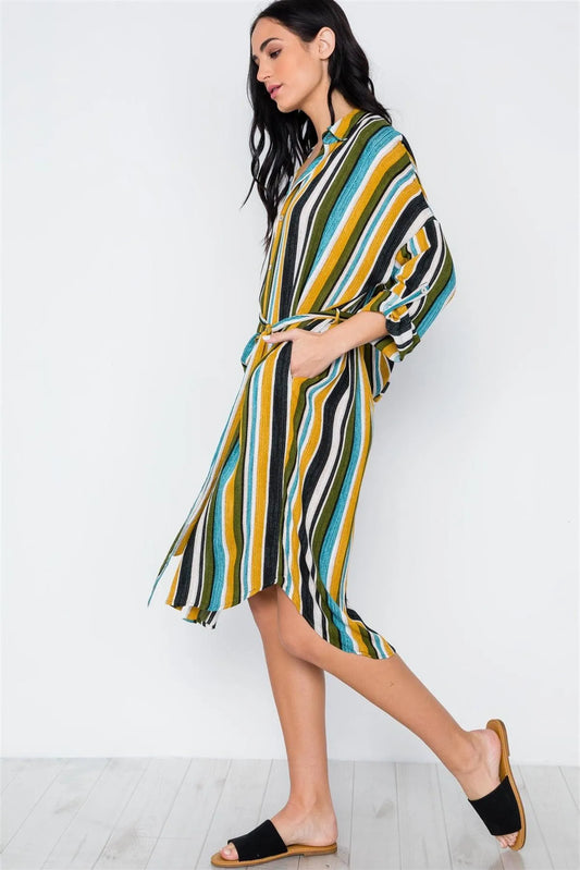 Black Mustard Olive Multi Stripe Button Down Shirt Dress /2-2-2 - Tasha Apparel Wholesale