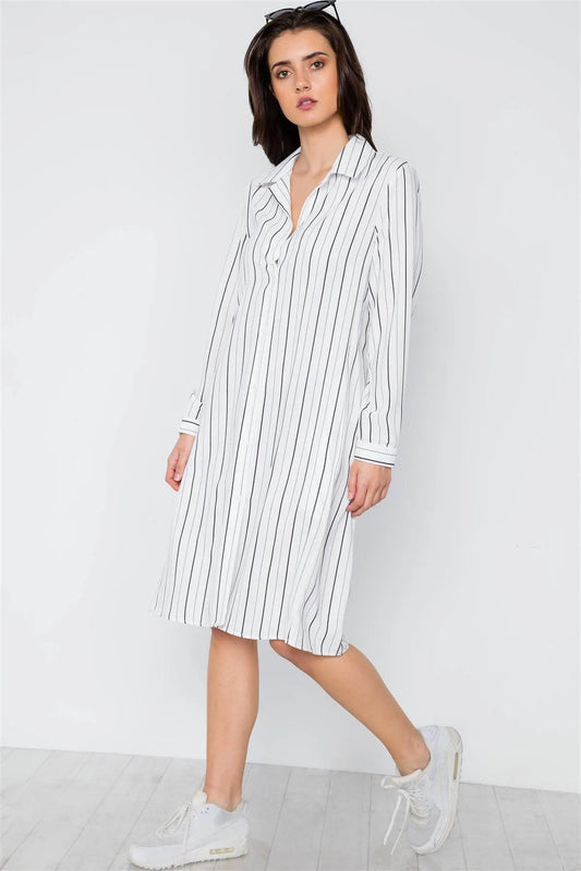 White Stripe Button Down Blouse Shirt Dress / 2-2-2 - Tasha Apparel Wholesale