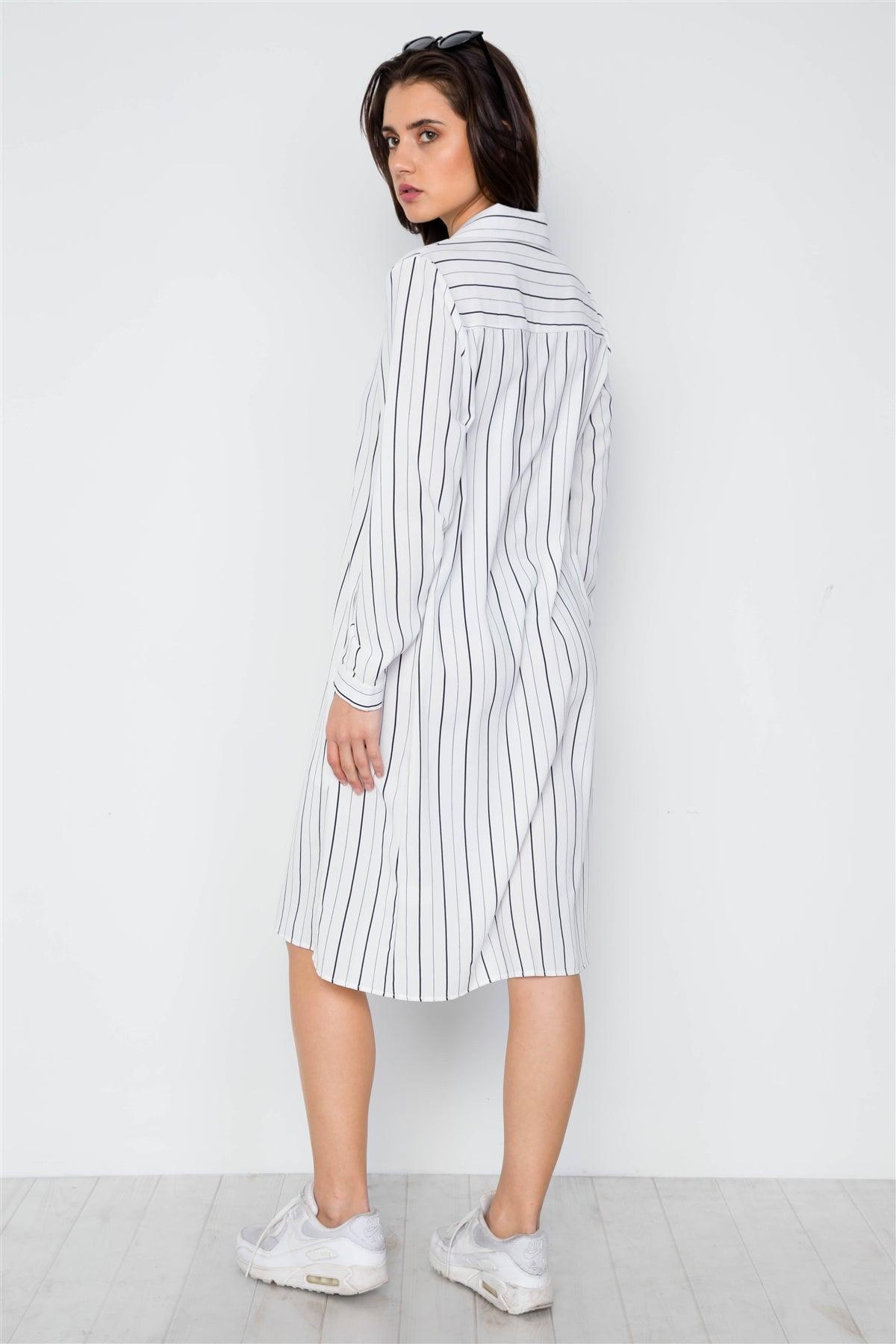 White Stripe Button Down Blouse Shirt Dress / 2-2-2