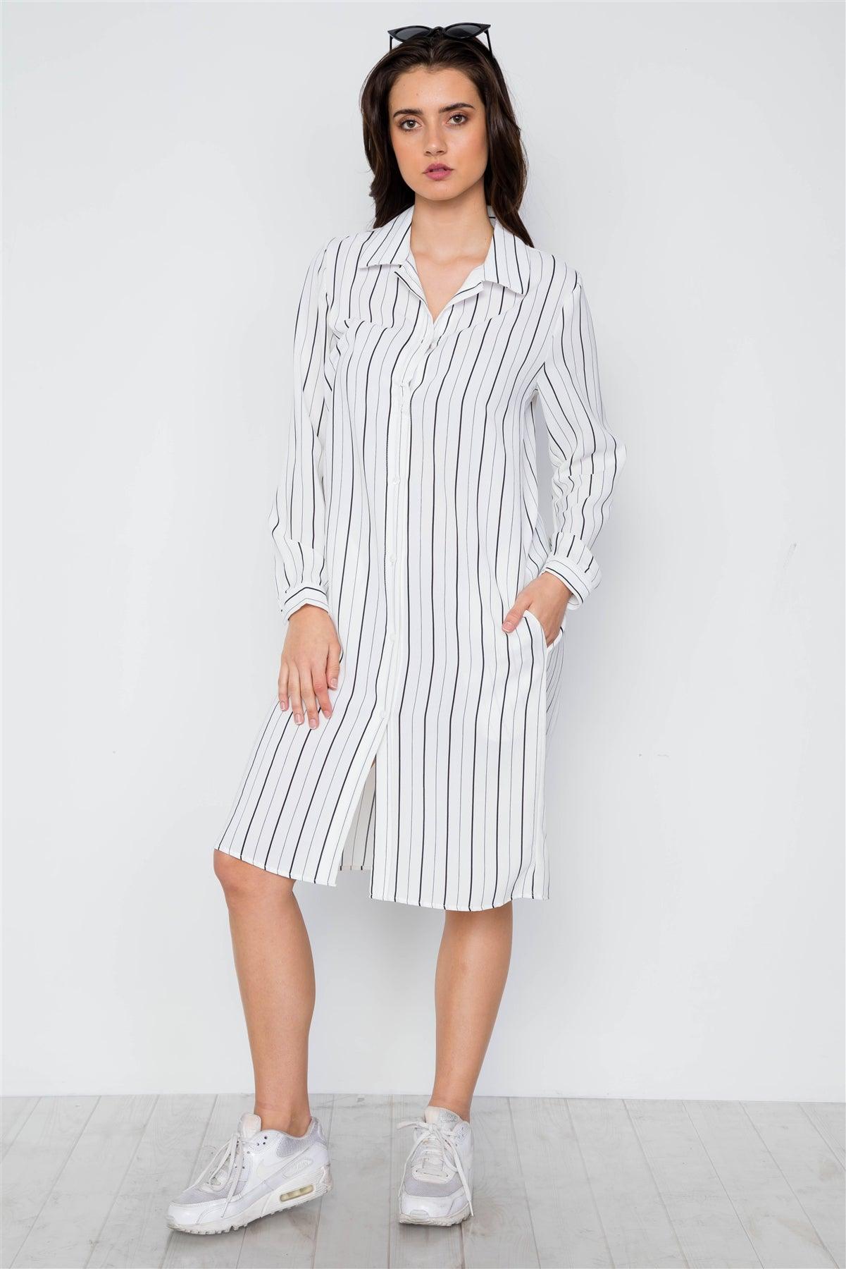 White Stripe Button Down Blouse Shirt Dress / 2-2-2