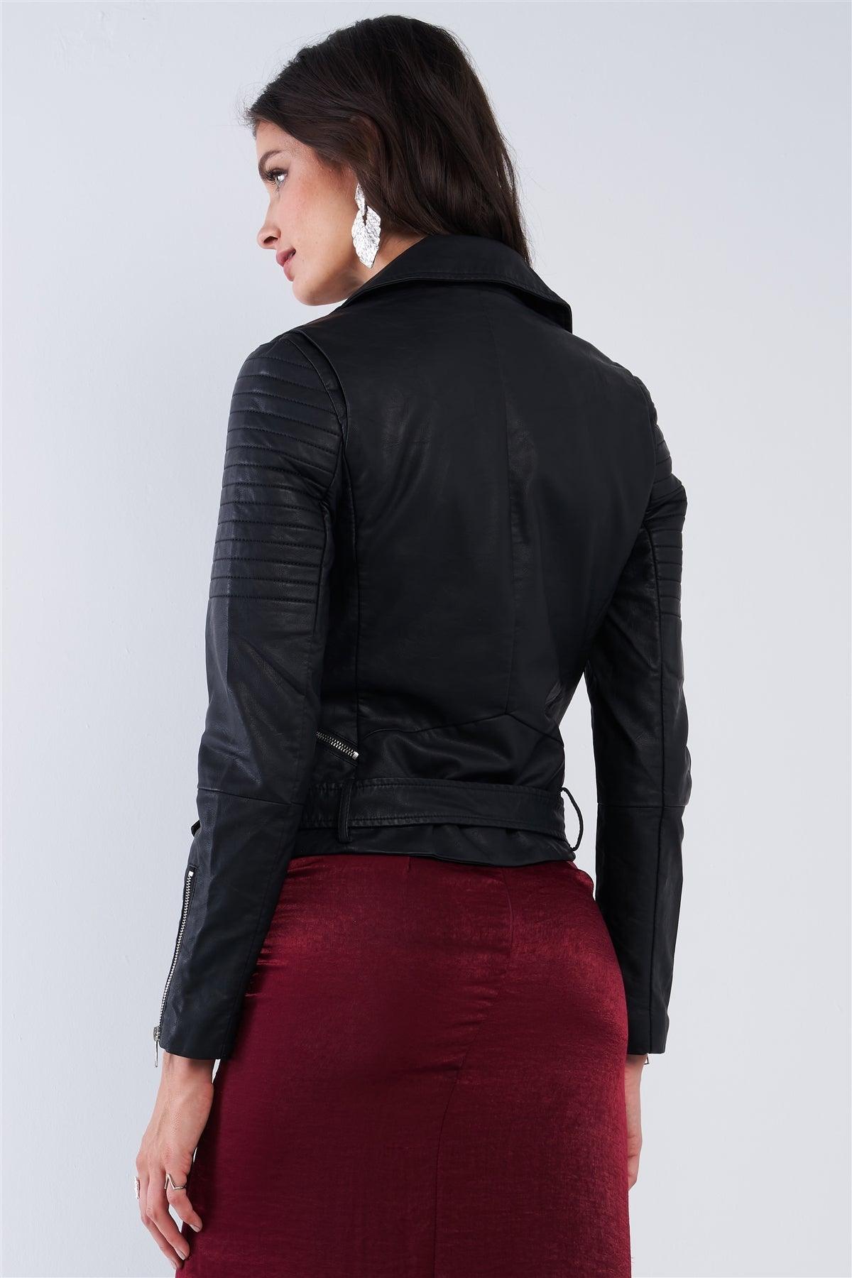 Black Vegan Leather Oblique Zipper Ribbed Shoulder Belted Cropped Moto Jacket /2-2-2